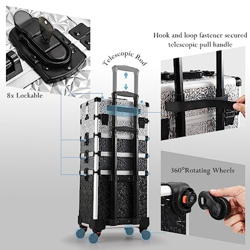 정체되는 롤링 메이크업 트레인 케이스 대형 보관 화장품 트롤리 4 in 1 대용량 트롤리 키 회전 바퀴가 있는 메이크업 여행용 케이스 살롱 이발사 케이스 여행용 카트 트렁크