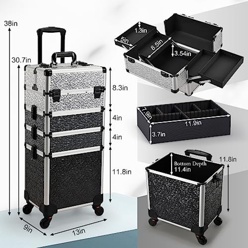 정체되는 롤링 메이크업 트레인 케이스 대형 보관 화장품 트롤리 4 in 1 대용량 트롤리 키 회전 바퀴가 있는 메이크업 여행용 케이스 살롱 이발사 케이스 여행용 카트 트렁크