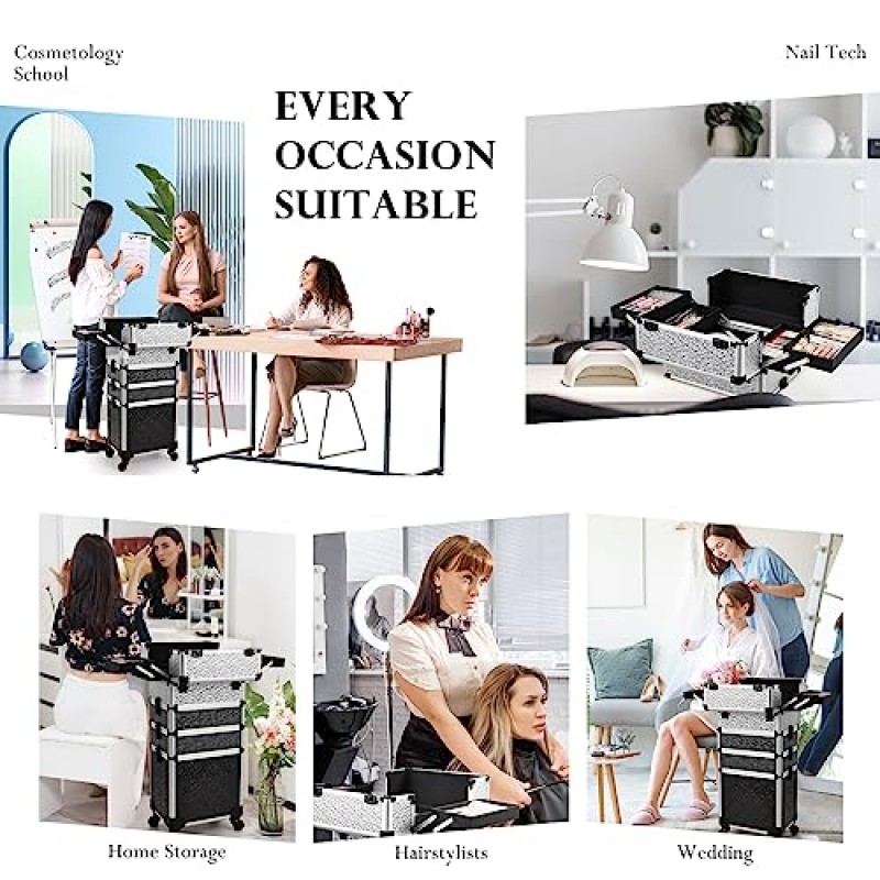 정체되는 롤링 메이크업 트레인 케이스 대형 보관 화장품 트롤리 4 in 1 대용량 트롤리 키 회전 바퀴가 있는 메이크업 여행용 케이스 살롱 이발사 케이스 여행용 카트 트렁크