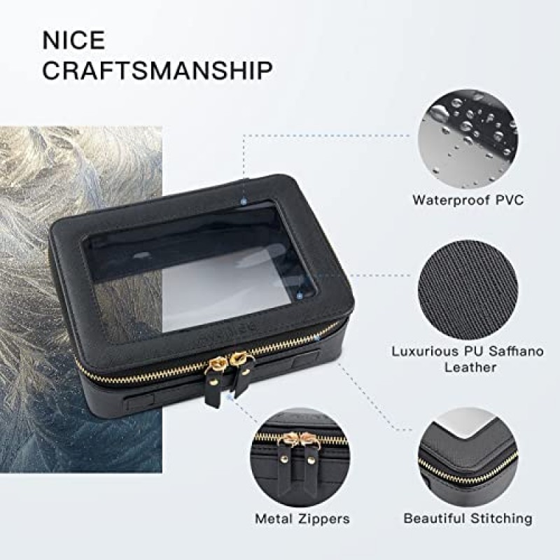 Aveniee 투명 메이크업 가방 주최자, 여성용 휴대용 여행 세면도구 화장품 가방 케이스, 투명 비닐 창문 및 골드 지퍼가 달린 지퍼가 달린 헤비 듀티 투명 파우치(검은색)
