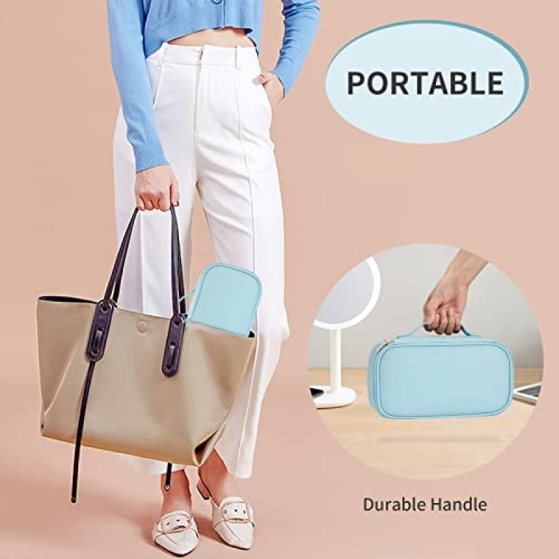 OCHEAL 작은 메이크업 가방, 여성용 휴대용 귀여운 여행 메이크업 가방 파우치 여자 메이크업 브러쉬 주최자 화장품 가방 구획-레이크 블루