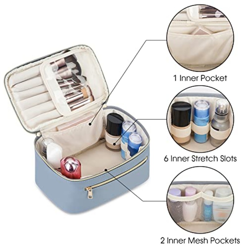 방황하는 자연 메이크업 가방, 여행 메이크업 주최자 에코 비건 가죽 여성용 화장품 브러쉬 가방 케이스, 블루