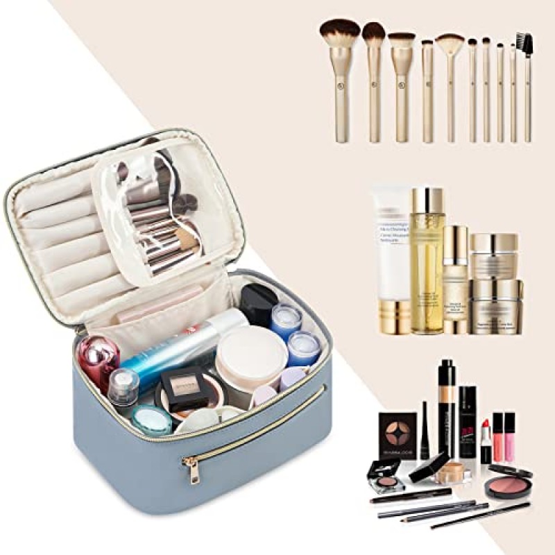 방황하는 자연 메이크업 가방, 여행 메이크업 주최자 에코 비건 가죽 여성용 화장품 브러쉬 가방 케이스, 블루