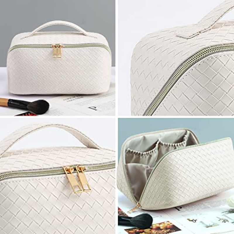 MINGRI 여성용 대용량 여행용 화장품 가방, 메이크업 가방 여행용 PU 가죽 화장품 가방 방수, 다기능 보관 여행 세면 용품 가방 스킨 케어 가방 (우븐 화이트)