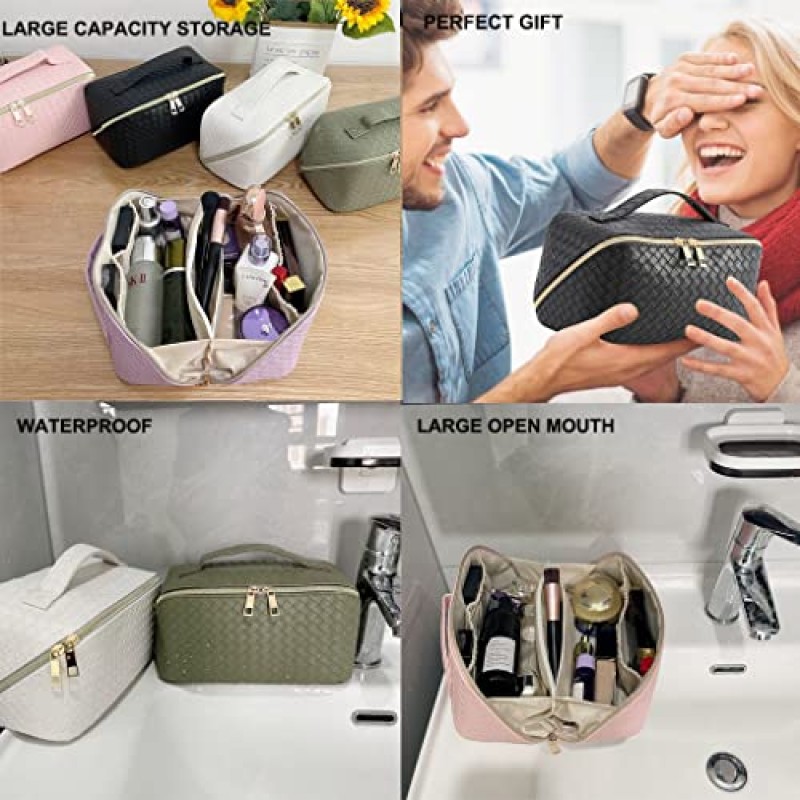 MINGRI 여성용 대용량 여행용 화장품 가방, 메이크업 가방 여행용 PU 가죽 화장품 가방 방수, 다기능 보관 여행 세면 용품 가방 스킨 케어 가방 (우븐 화이트)