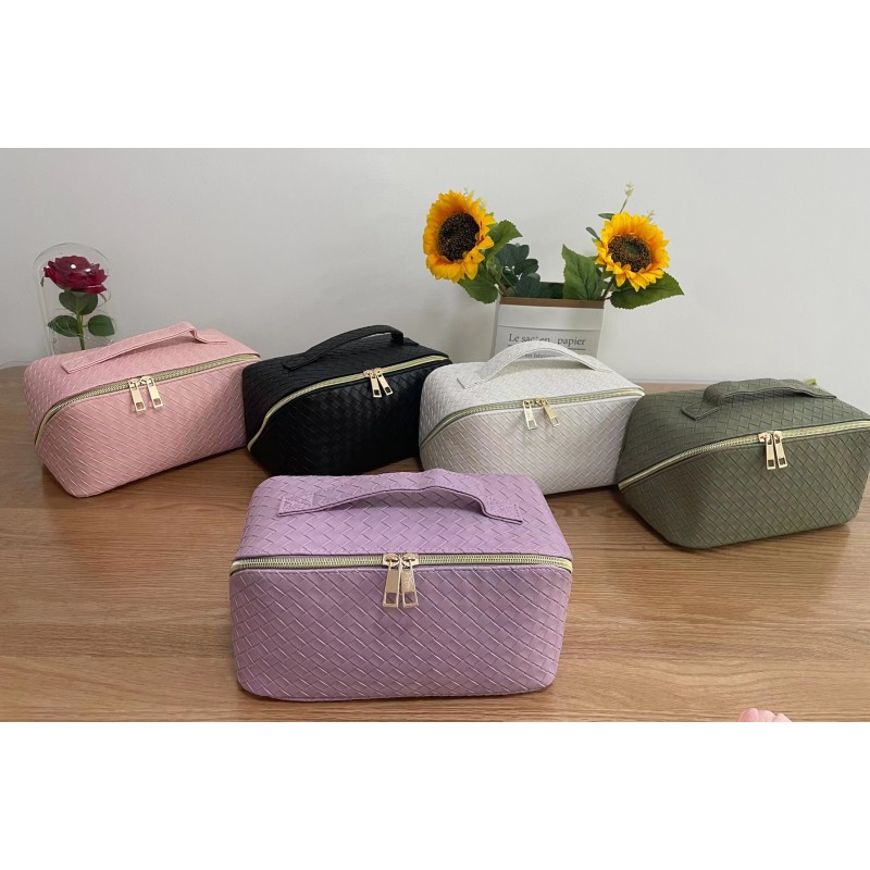 MINGRI 여성용 대용량 여행용 화장품 가방, 메이크업 가방 여행용 PU 가죽 화장품 가방 방수, 다기능 보관 여행 세면 용품 가방 스킨 케어 가방 (우븐 화이트)