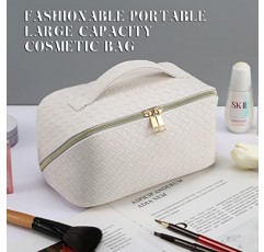 MINGRI 여성용 대용량 여행용 화장품 가방, 메이크업 가방 여행용 PU 가죽 화장품 가방 방수, 다기능 보관 여행 세면 용품 가방 스킨 케어 가방 (우븐 화이트)