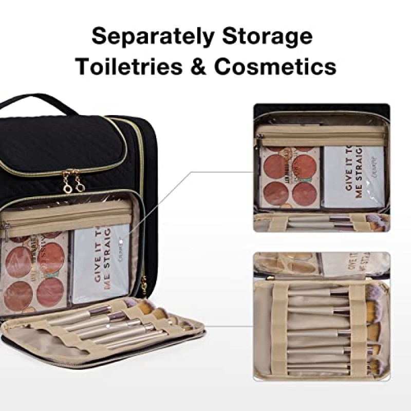 BAGSMART 세면도구 가방, 여성용 여행용 세면도구 가방, 방수 화장품 메이크업 가방, 풀 사이즈 세면도구 및 화장품을 위한 대용량 도어 룸 필수 여행 정리함, 블랙
