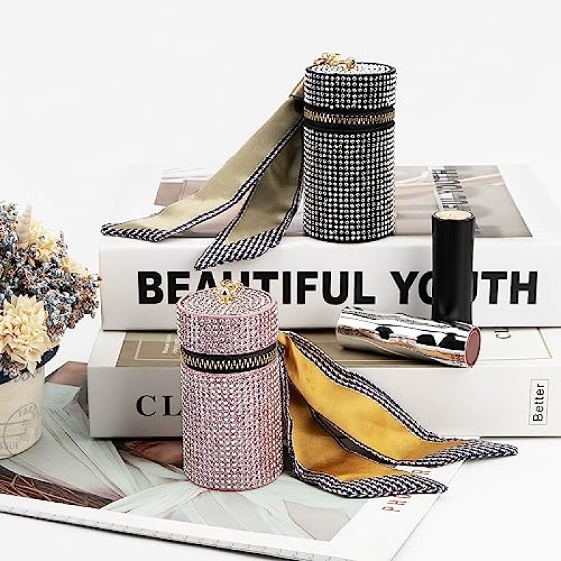 Adorila 2팩 립스틱 케이스 키체인, 가죽 다이아몬드 립 글로스 홀더, 지갑 향수용 여행용 립스틱 정리함 손톱 매니큐어(블랙 & 핑크)