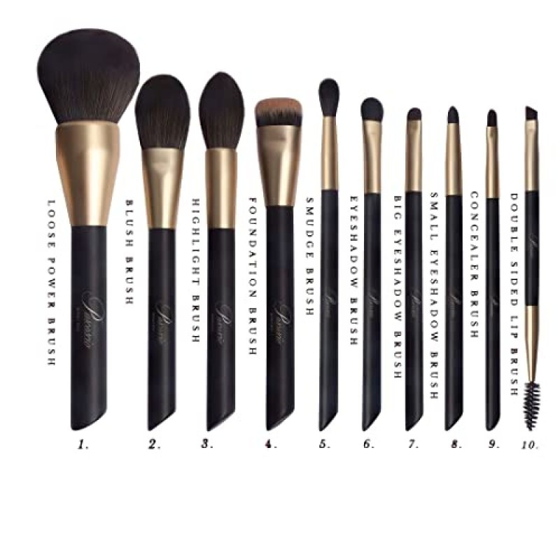 PASCASCIO 비벌리 힐스 메이크업 브러쉬 세트 10Pcs 프리미엄 비건 합성 럭셔리 파운데이션 블러쉬 컨투어 컨실러 아이 섀도우 블렌딩 메이크업 키트 실크 백 포함