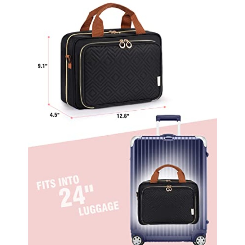 heouvo 쥬얼리 정리함이 있는 여성용 여행용 세면도구 가방, 풀 사이즈 세면용품 및 화장품 샴푸 메이크업을 위한 어깨끈/트롤리 벨트가 있는 대형 세면용품 가방(검은색)