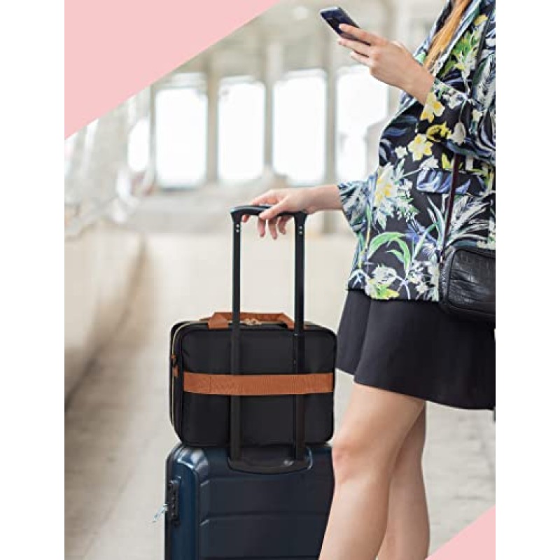 heouvo 쥬얼리 정리함이 있는 여성용 여행용 세면도구 가방, 풀 사이즈 세면용품 및 화장품 샴푸 메이크업을 위한 어깨끈/트롤리 벨트가 있는 대형 세면용품 가방(검은색)