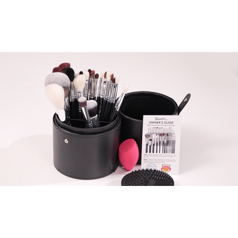 Bueart Design Pro 메이크업 아티스트 브러쉬 세트 34Pcs 진짜 천연 염소 머리 전문 라벨이 붙은 메이크업 브러쉬 세트(초대형 홀더 케이스 포함) 파운데이션 파우더 블러쉬 컨실러 블렌딩 아이섀도 컨투어 메이크업 브러쉬 세트