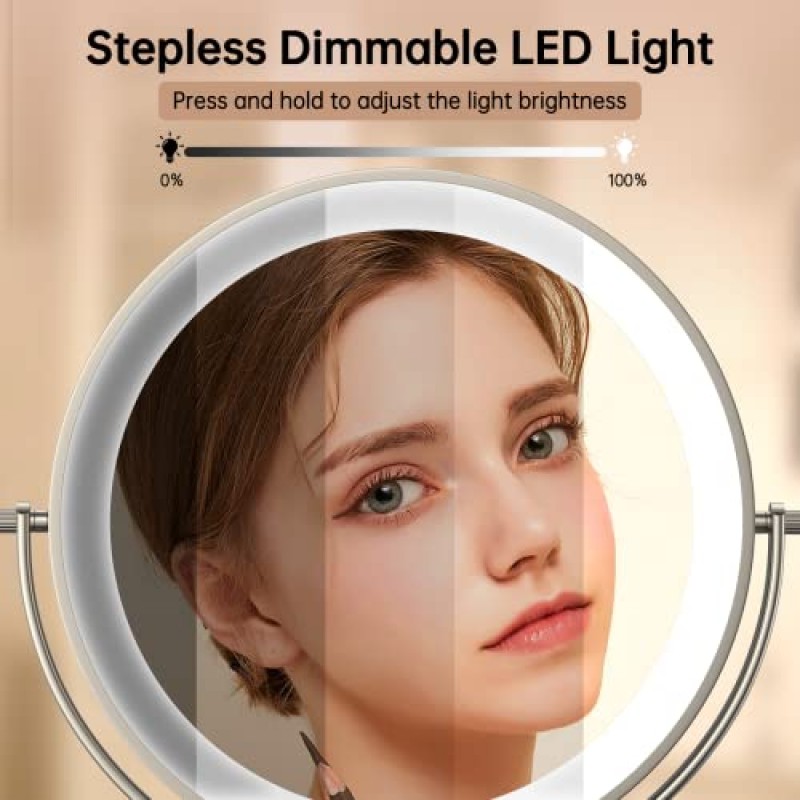 Anfauny 8인치 조명 화장 거울(배율 포함), 3가지 색상 조명이 있는 1X/10X 양면 화장 거울, 충전식 54 LED 밝기 조절이 가능한 터치 센서 및 360° 회전 탁상용 화장 거울, 니켈