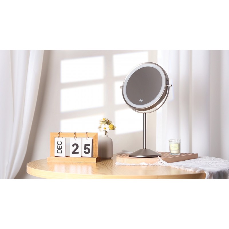 Anfauny 8인치 조명 화장 거울(배율 포함), 3가지 색상 조명이 있는 1X/10X 양면 화장 거울, 충전식 54 LED 밝기 조절이 가능한 터치 센서 및 360° 회전 탁상용 화장 거울, 니켈