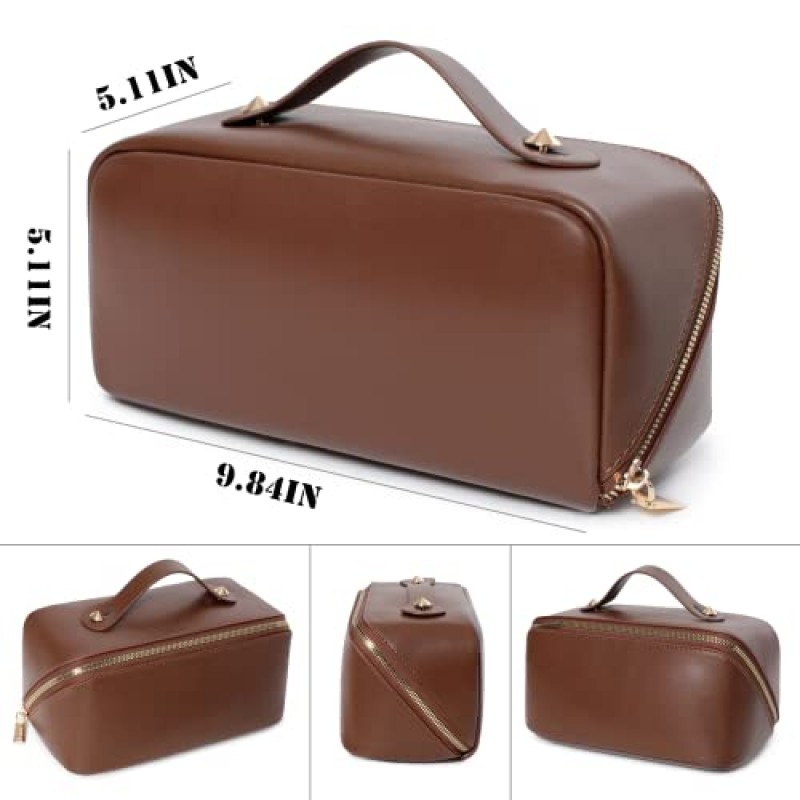 Katadem 여행용 메이크업 가방,대형 오프닝 메이크업 가방,휴대용 메이크업 가방은 쉽게 접근할 수 있도록 평평하게 열립니다, 세면도구 가방,PU 가죽 메이크업 가방,여성용 대형 화장품 정리함(브라운)