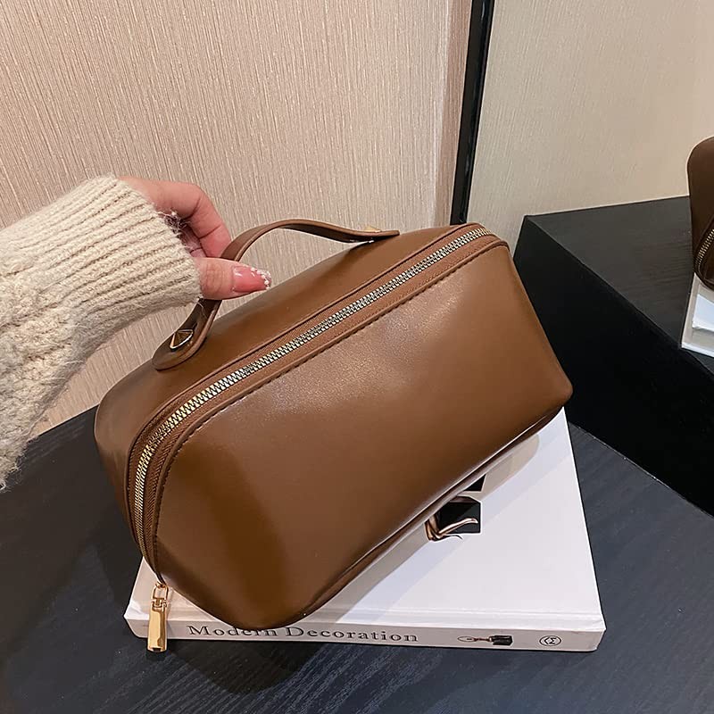 Katadem 여행용 메이크업 가방,대형 오프닝 메이크업 가방,휴대용 메이크업 가방은 쉽게 접근할 수 있도록 평평하게 열립니다, 세면도구 가방,PU 가죽 메이크업 가방,여성용 대형 화장품 정리함(브라운)