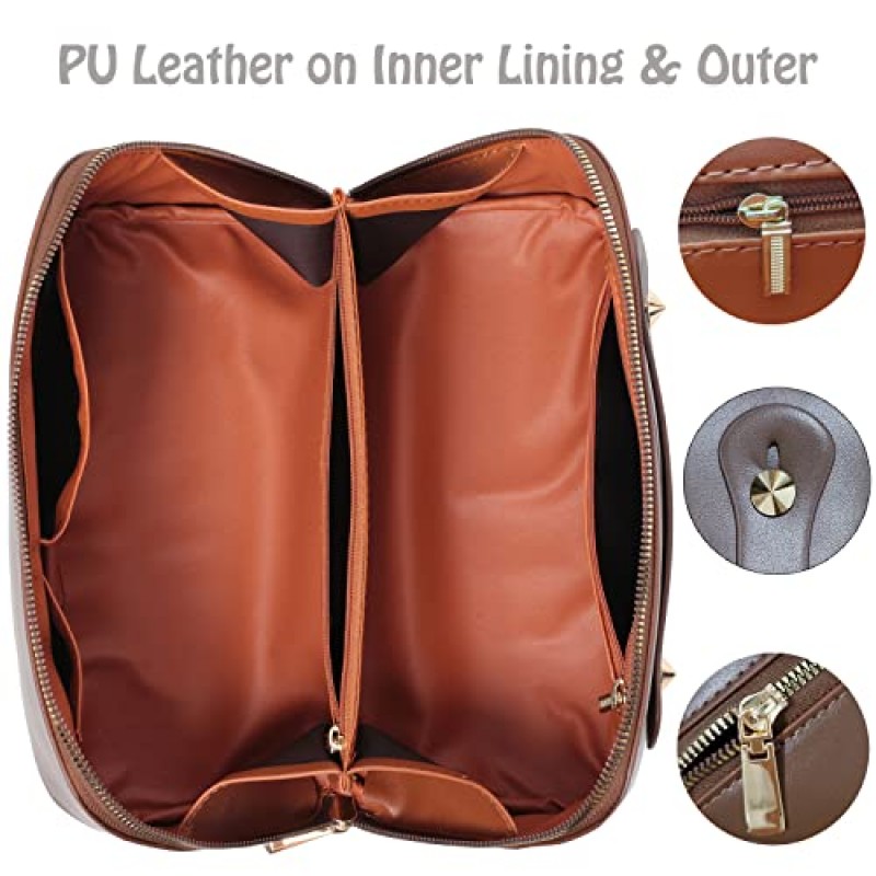 Katadem 여행용 메이크업 가방,대형 오프닝 메이크업 가방,휴대용 메이크업 가방은 쉽게 접근할 수 있도록 평평하게 열립니다, 세면도구 가방,PU 가죽 메이크업 가방,여성용 대형 화장품 정리함(브라운)