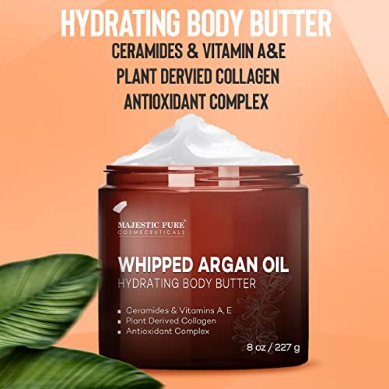 MAJESTIC PURE 휘핑 아르간 오일 바디 버터(여성 및 남성용) - 세라마이드, 비타민 E 및 A 및 비건 콜라겐 함유 - 피부, 얼굴, 주름 및 잔주름 개선용 - 8온스