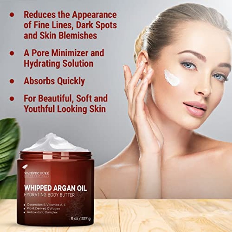 MAJESTIC PURE 휘핑 아르간 오일 바디 버터(여성 및 남성용) - 세라마이드, 비타민 E 및 A 및 비건 콜라겐 함유 - 피부, 얼굴, 주름 및 잔주름 개선용 - 8온스