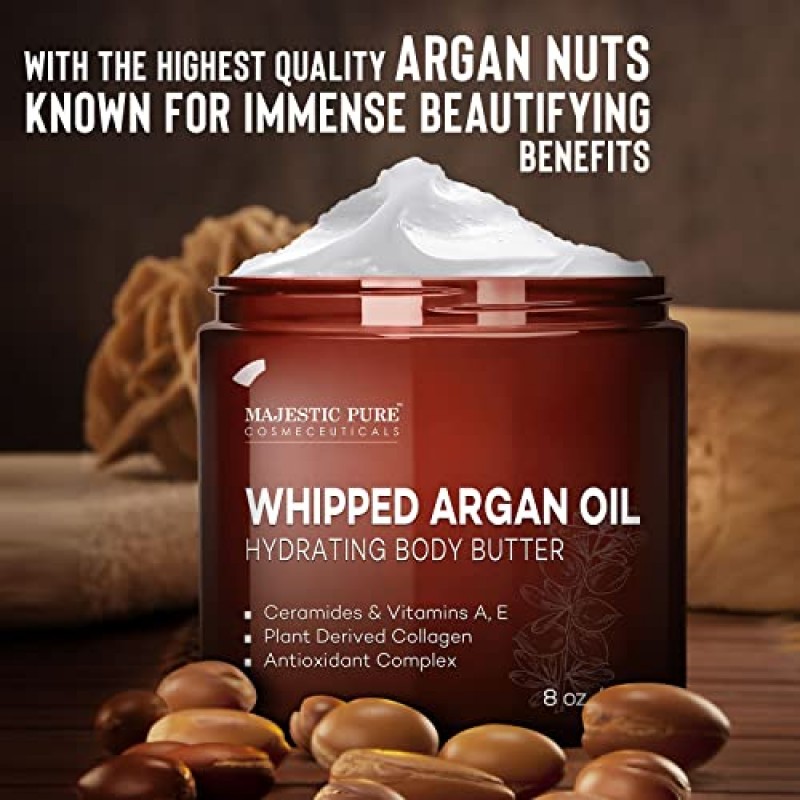MAJESTIC PURE 휘핑 아르간 오일 바디 버터(여성 및 남성용) - 세라마이드, 비타민 E 및 A 및 비건 콜라겐 함유 - 피부, 얼굴, 주름 및 잔주름 개선용 - 8온스