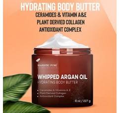 MAJESTIC PURE 휘핑 아르간 오일 바디 버터(여성 및 남성용) - 세라마이드, 비타민 E 및 A 및 비건 콜라겐 함유 - 피부, 얼굴, 주름 및 잔주름 개선용 - 8온스