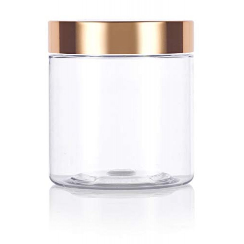 JUVITUS 투명 PET 플라스틱(BPA 프리) 리필용 용기, 럭셔리 골드 메탈 덮개 뚜껑 포함 - 8온스/240ml(6팩)