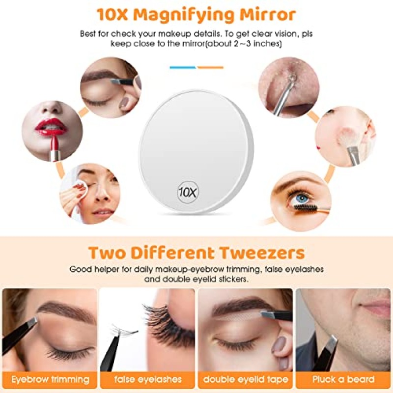 빛과 배율이있는 Gofora 여행 거울 10X 휴대용 조명 Led 여행 메이크업 거울 세면대 거울 족집게 3 색 조명 여성을위한 여행 액세서리