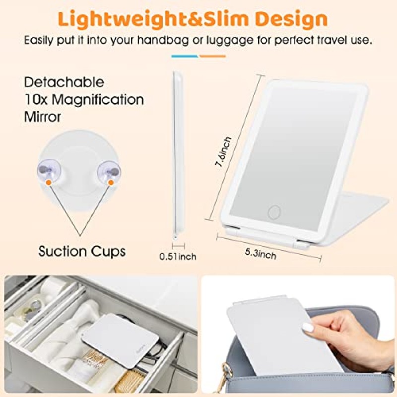 빛과 배율이있는 Gofora 여행 거울 10X 휴대용 조명 Led 여행 메이크업 거울 세면대 거울 족집게 3 색 조명 여성을위한 여행 액세서리