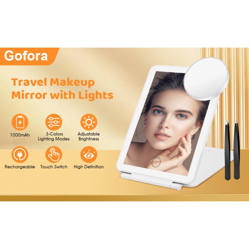 빛과 배율이있는 Gofora 여행 거울 10X 휴대용 조명 Led 여행 메이크업 거울 세면대 거울 족집게 3 색 조명 여성을위한 여행 액세서리