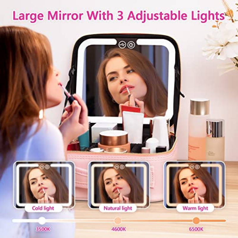 VANMRIOR 여행 메이크업 가방 LED 조명 메이크업 케이스 거울 3 색 설정 화장품 메이크업 박스 주최자 화장대 케이스 여성용 미용 도구 액세서리 케이스 충전식