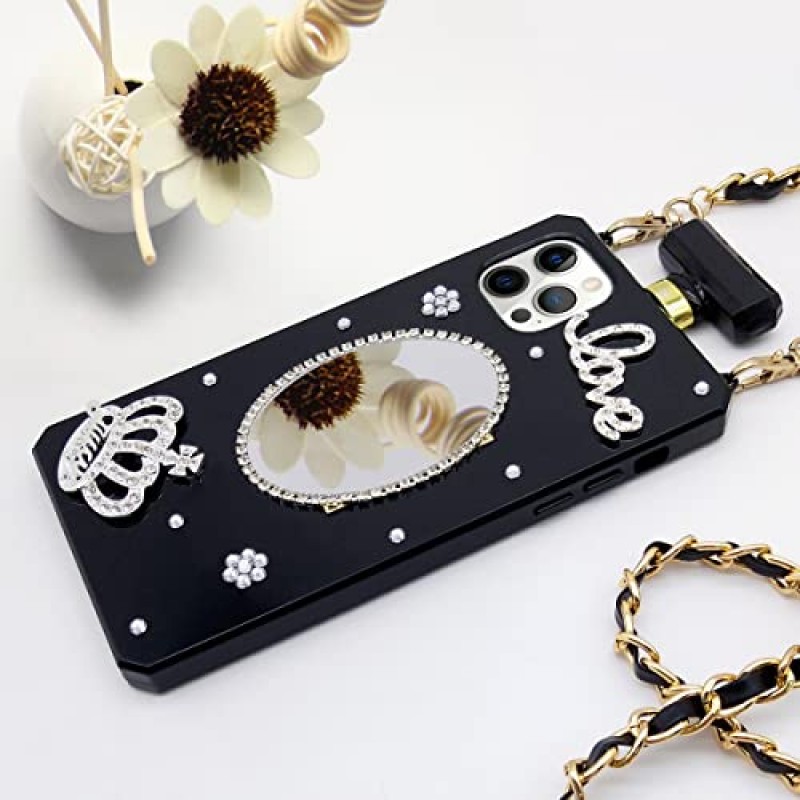 TINTON iPhone 12 Pro Max 향수병 케이스와 호환 여성용 럭셔리 블링 메이크업 거울 소녀, 우아한 다이아몬드 크리스탈 라인 석 크라운 사랑 보석 꽃 크로스 바디 스트랩 케이스 블랙