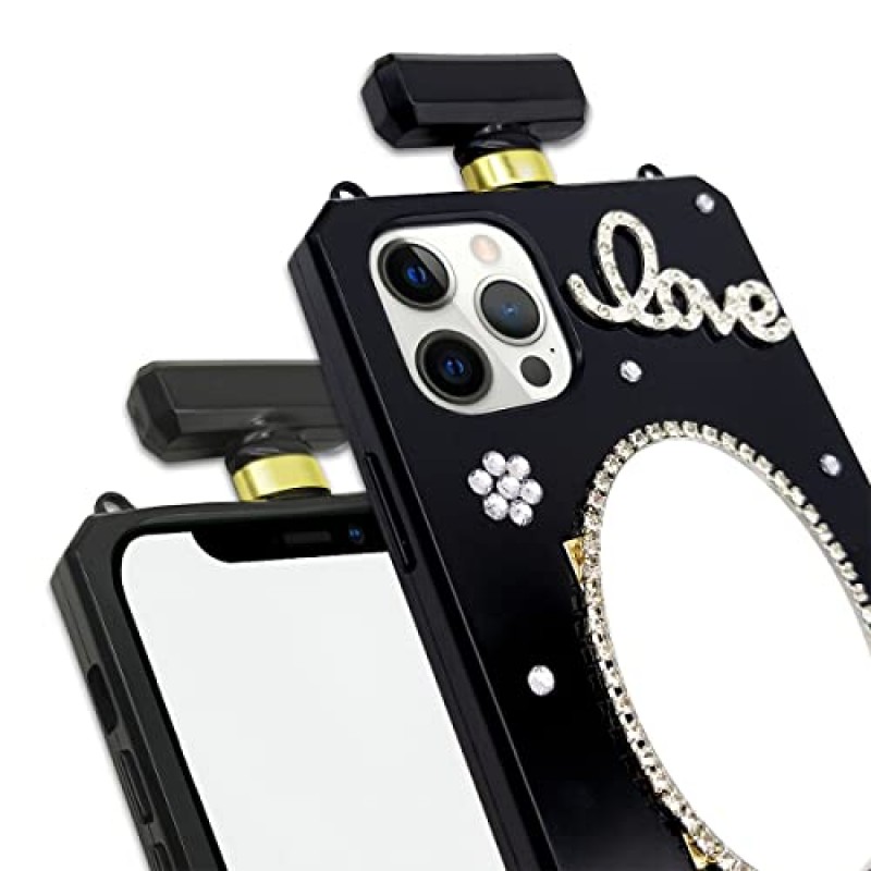 TINTON iPhone 12 Pro Max 향수병 케이스와 호환 여성용 럭셔리 블링 메이크업 거울 소녀, 우아한 다이아몬드 크리스탈 라인 석 크라운 사랑 보석 꽃 크로스 바디 스트랩 케이스 블랙