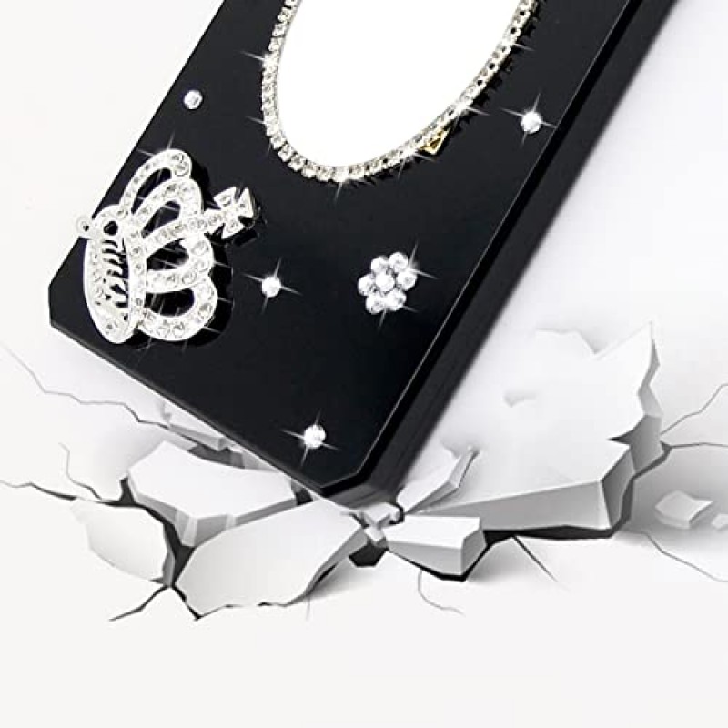 TINTON iPhone 12 Pro Max 향수병 케이스와 호환 여성용 럭셔리 블링 메이크업 거울 소녀, 우아한 다이아몬드 크리스탈 라인 석 크라운 사랑 보석 꽃 크로스 바디 스트랩 케이스 블랙