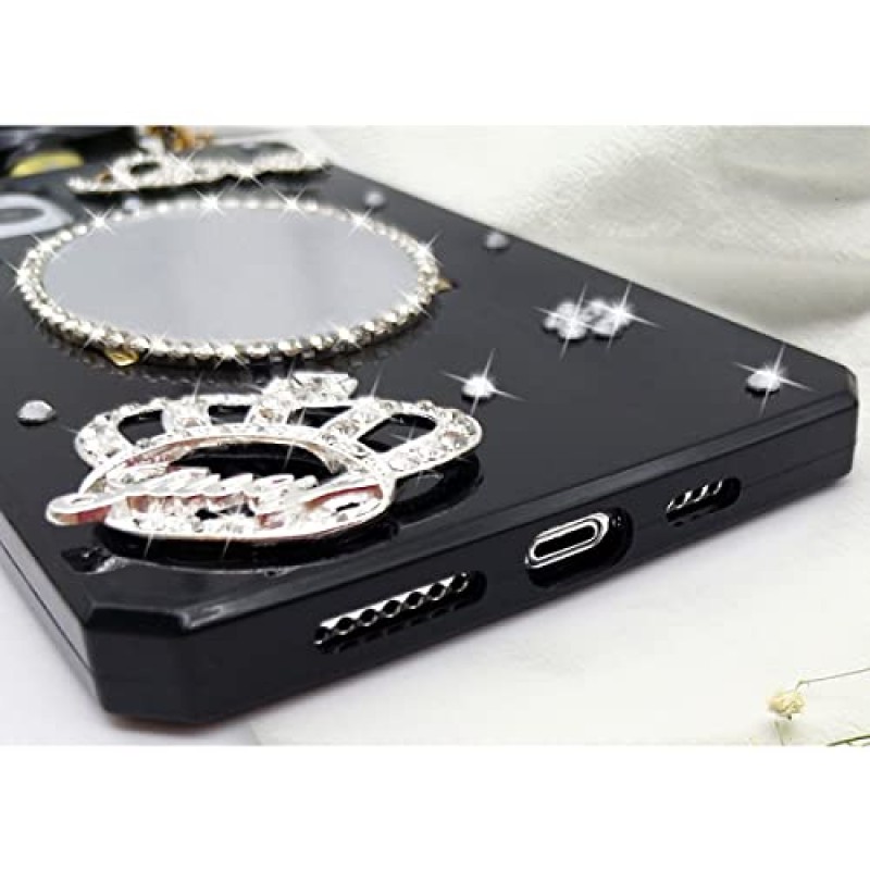 TINTON iPhone 12 Pro Max 향수병 케이스와 호환 여성용 럭셔리 블링 메이크업 거울 소녀, 우아한 다이아몬드 크리스탈 라인 석 크라운 사랑 보석 꽃 크로스 바디 스트랩 케이스 블랙