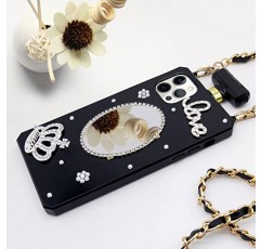 TINTON iPhone 12 Pro Max 향수병 케이스와 호환 여성용 럭셔리 블링 메이크업 거울 소녀, 우아한 다이아몬드 크리스탈 라인 석 크라운 사랑 보석 꽃 크로스 바디 스트랩 케이스 블랙