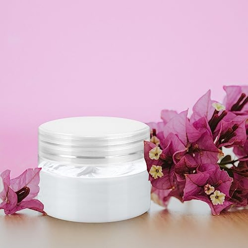 Loretoy 가정용 뚜껑이 있는 4온스 플라스틱 항아리, 목욕 소금, 화장품, 파우더, 미용 제품 및 소형 액세서리용 BPA 프리, 재사용 가능, 리필 가능 투명 화장품 용기 50팩 - 흰색