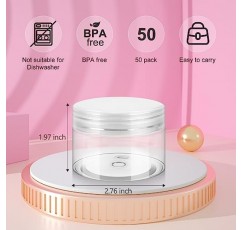 Loretoy 가정용 뚜껑이 있는 4온스 플라스틱 항아리, 목욕 소금, 화장품, 파우더, 미용 제품 및 소형 액세서리용 BPA 프리, 재사용 가능, 리필 가능 투명 화장품 용기 50팩 - 흰색