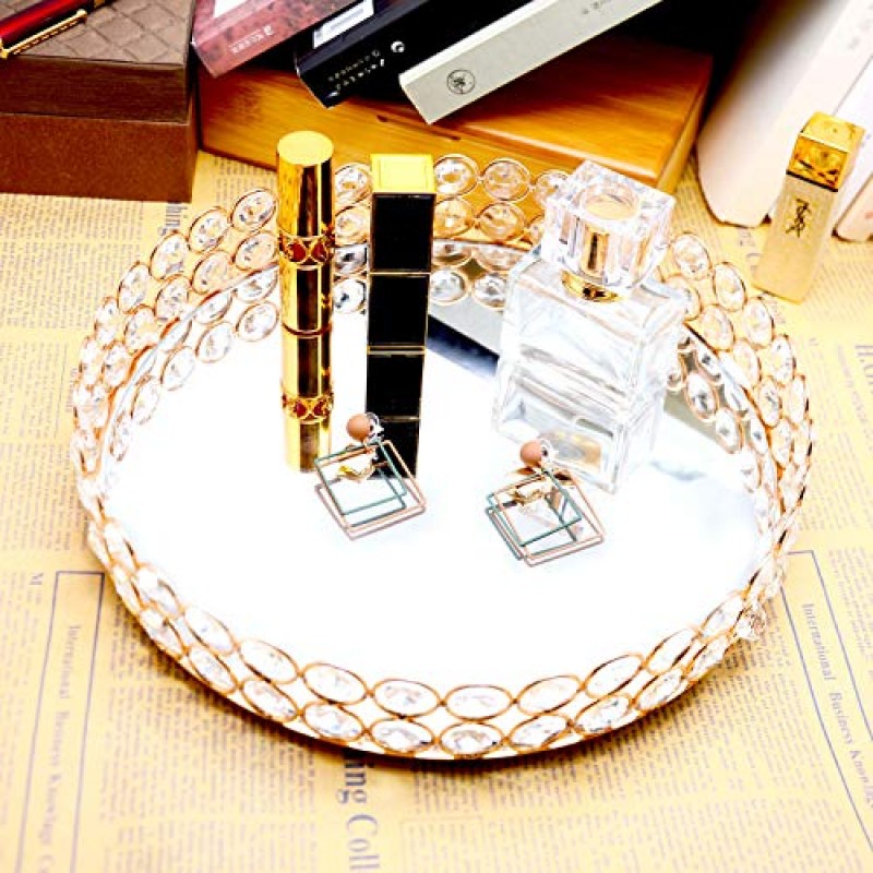VoiceFly 크리스탈 화장품 메이크업 화장대 트레이, 보석 정리 트레이 향수, 장신구, 스킨 케어, 메이크업 디스플레이 드레서 홈 장식용 미러 장식 트레이(로즈 골드)