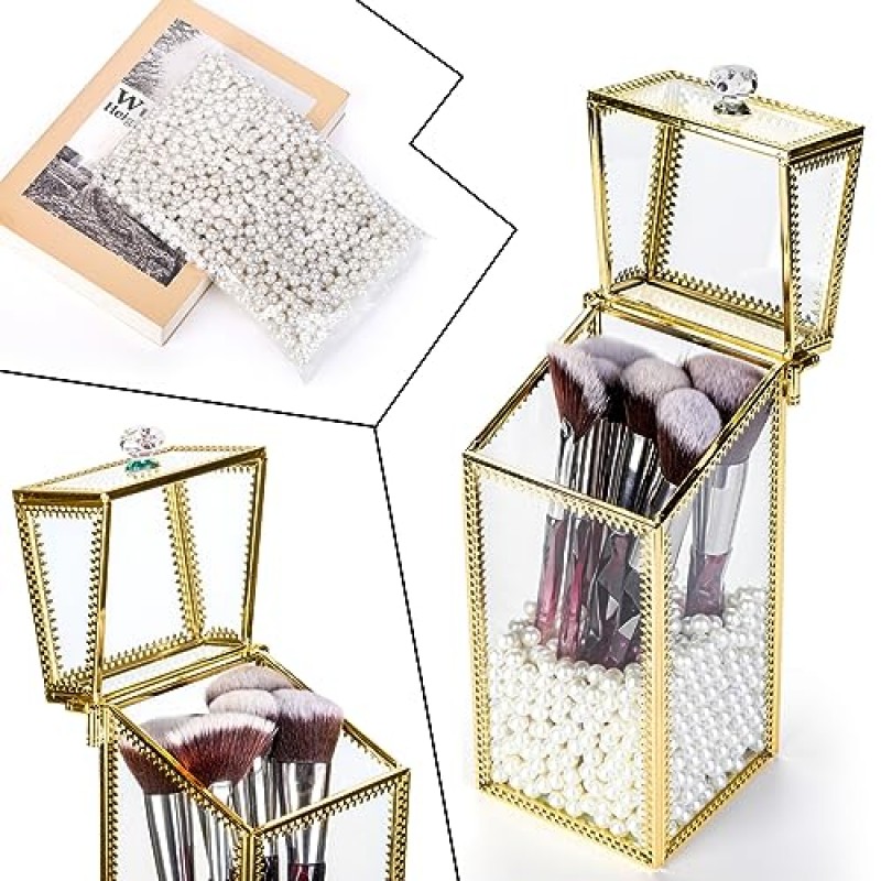 뚜껑이 있는 Pumtus 메이크업 브러쉬 홀더 주최자, 유리 화장품 메이크업 브러쉬 컨테이너, 진주가 있는 투명 크리스탈 메이크업 도구 보관 상자 컵, 조리대 데스크탑용 빈티지 방진 화장대 장식