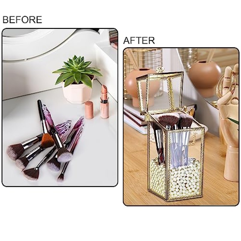 뚜껑이 있는 Pumtus 메이크업 브러쉬 홀더 주최자, 유리 화장품 메이크업 브러쉬 컨테이너, 진주가 있는 투명 크리스탈 메이크업 도구 보관 상자 컵, 조리대 데스크탑용 빈티지 방진 화장대 장식