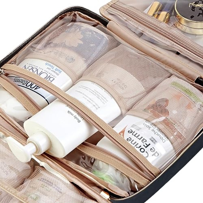 여성용 NISHEL 여행 세면도구 가방, 풀사이즈 샴푸, 컨디셔너, 브러쉬 세트, 여행용 액세서리용 휴대용 걸이 정리함, 블랙