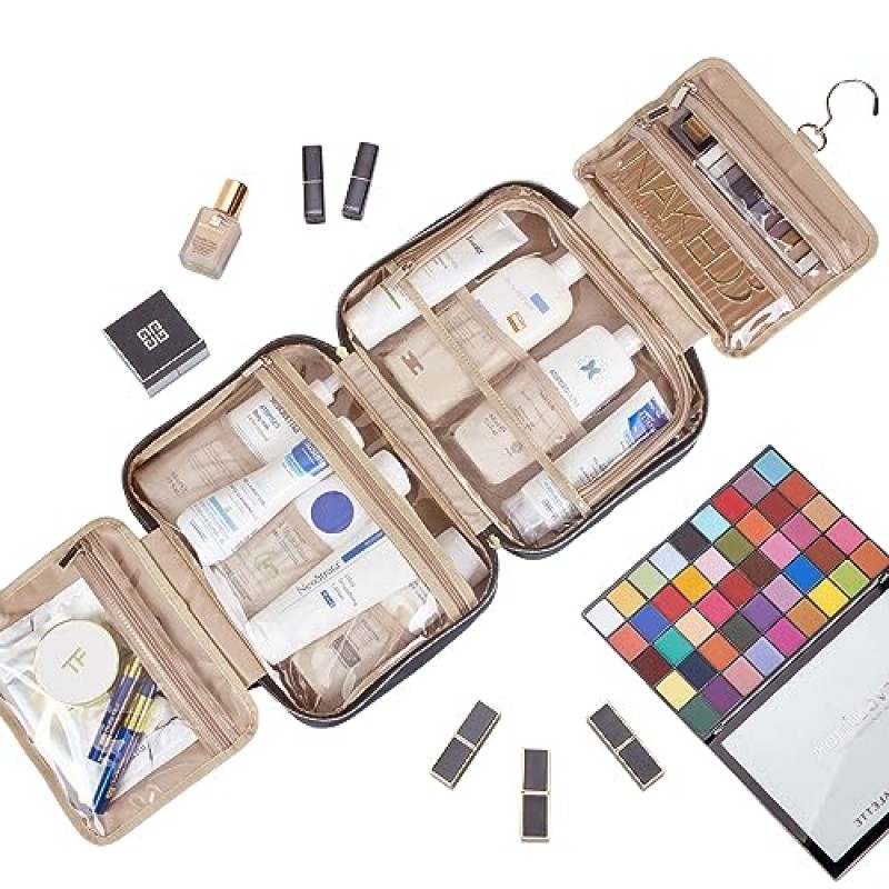 여성용 NISHEL 여행 세면도구 가방, 풀사이즈 샴푸, 컨디셔너, 브러쉬 세트, 여행용 액세서리용 휴대용 걸이 정리함, 블랙