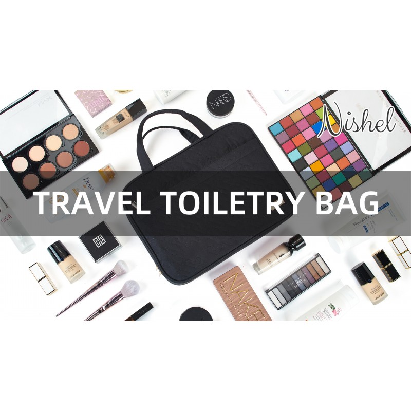 여성용 NISHEL 여행 세면도구 가방, 풀사이즈 샴푸, 컨디셔너, 브러쉬 세트, 여행용 액세서리용 휴대용 걸이 정리함, 블랙