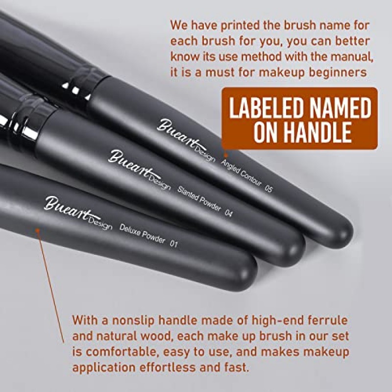 Bueart Design 19Pcs 블랙 라벨 메이크업 브러쉬 세트 브러쉬 클리닝 매트, 뷰티 스펀지, 메이크업 리무버 패드, 16Pcs 울트라 소프트 헤어 파운데이션 페이스 브러쉬 브러쉬 블렌딩 블러쉬 컨실러 컨투어 아이섀도 포함