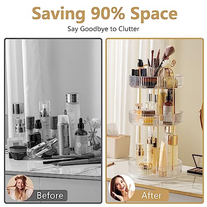 INVSSENE 360 회전식 메이크업 정리함, 대용량 욕실 정리대 수조, 3단 메이크업 정리함 및 화장대 보관함, 향수, 스킨케어, 화장품, 립스틱, 클리어 화이트용