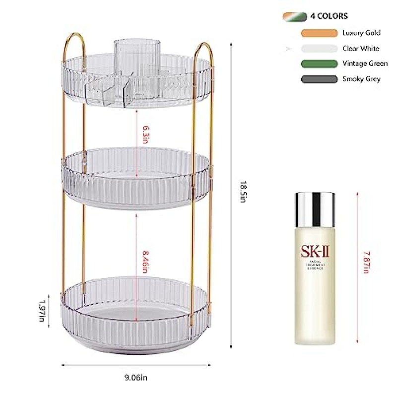 INVSSENE 360 회전식 메이크업 정리함, 대용량 욕실 정리대 수조, 3단 메이크업 정리함 및 화장대 보관함, 향수, 스킨케어, 화장품, 립스틱, 클리어 화이트용