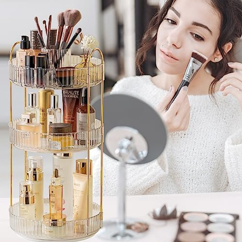 INVSSENE 360 회전식 메이크업 정리함, 대용량 욕실 정리대 수조, 3단 메이크업 정리함 및 화장대 보관함, 향수, 스킨케어, 화장품, 립스틱, 클리어 화이트용