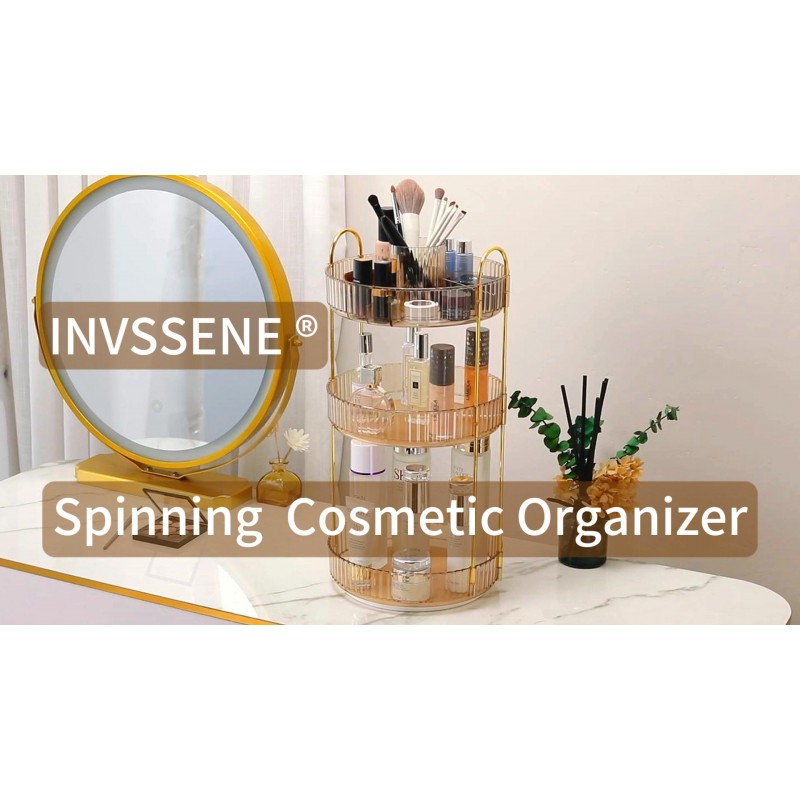 INVSSENE 360 회전식 메이크업 정리함, 대용량 욕실 정리대 수조, 3단 메이크업 정리함 및 화장대 보관함, 향수, 스킨케어, 화장품, 립스틱, 클리어 화이트용
