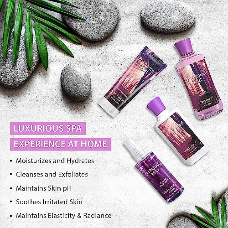 Vital Luxury Enchanted Mist 향기 목욕 및 바디 키트, 3 Fl Oz, 이상적인 스킨케어 선물 홈 스파 세트, 바디 로션, 샤워 젤, 바디 크림 및 향수 미스트 포함, 크리스마스 선물 세트